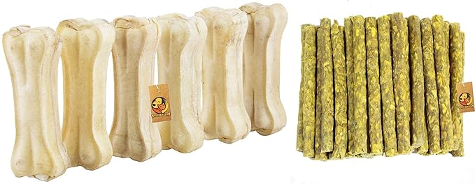Foodie Puppies Pressed Dog Bone 3 inches - Pack of 6 Bones + Chicken Chew Munchy BarkSticks, 150 g