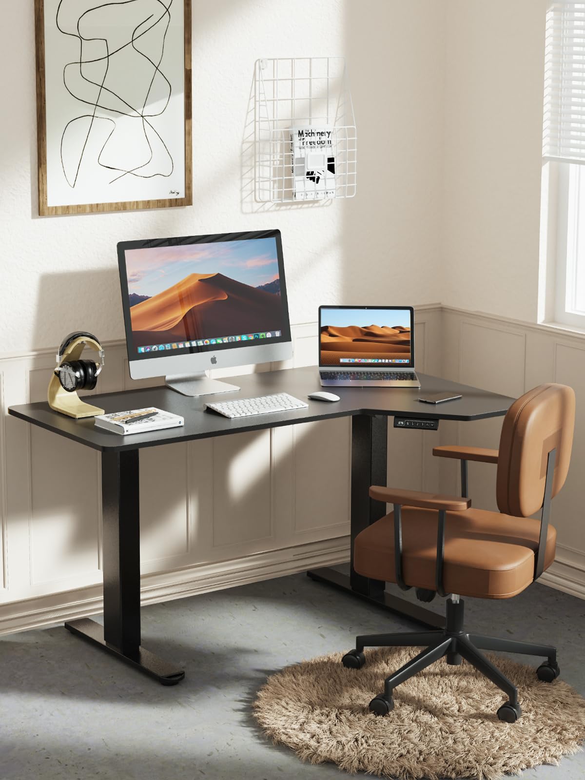Marsail L Shaped Electric Standing Desk, 55x34 Inch Standing Desk Adjustable Height with Headphone Hook, Large Computer Desk Sit Stand Desk for Home Office Sturdy Writing Workstation, Obsidian