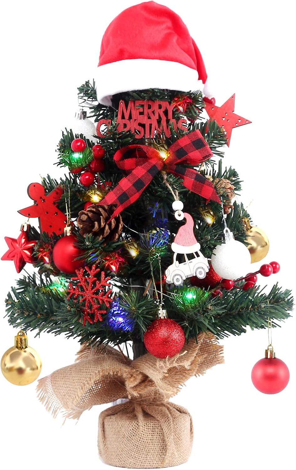 Trees - Mini Christmas Tree, 22 Inch Small Christmas Tree with Lights Xmas Hat Tree Top and Mini Christmas Tree Ornaments Tabletop Artificial Xmas Tree for Christmas Decorations Indoor Home Decor