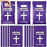 Cholemy 100 Pcs Welcome To Our Church Treat Bags Church Candy Bags with Handle Christian Events Plastic Goodie Colorful Baptism Easter Wedding Party Supplies and Gifts Wrapping, 9.84''x6.5''(Purple)