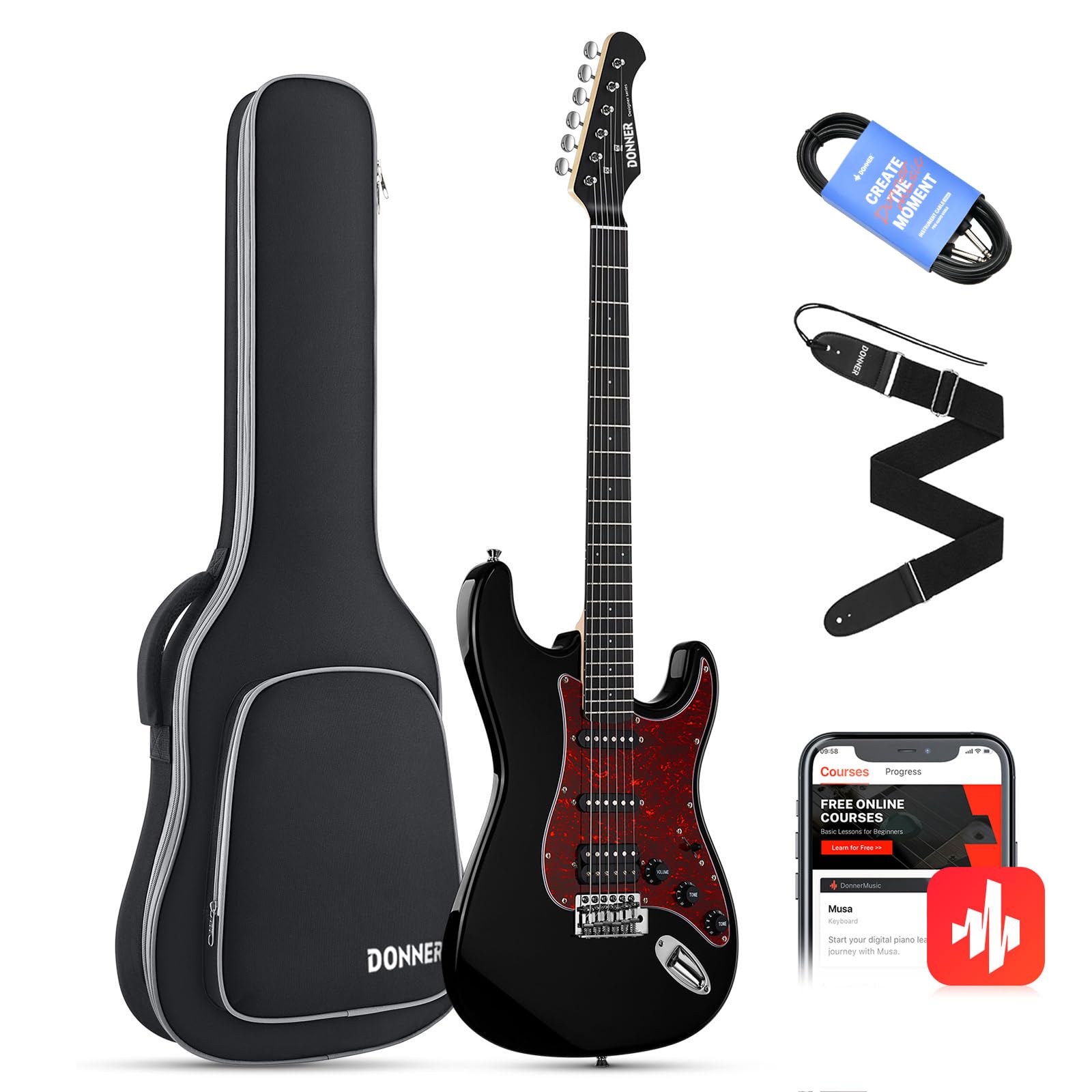 Donner 39 Inch Electric Guitar, Designer Series DST-200 Stylish Solid Body Electric Guitar for Beginner Intermediate & Pro Players, Single Coil Split System, Bonus Bag, Cable, Strap Void Black
