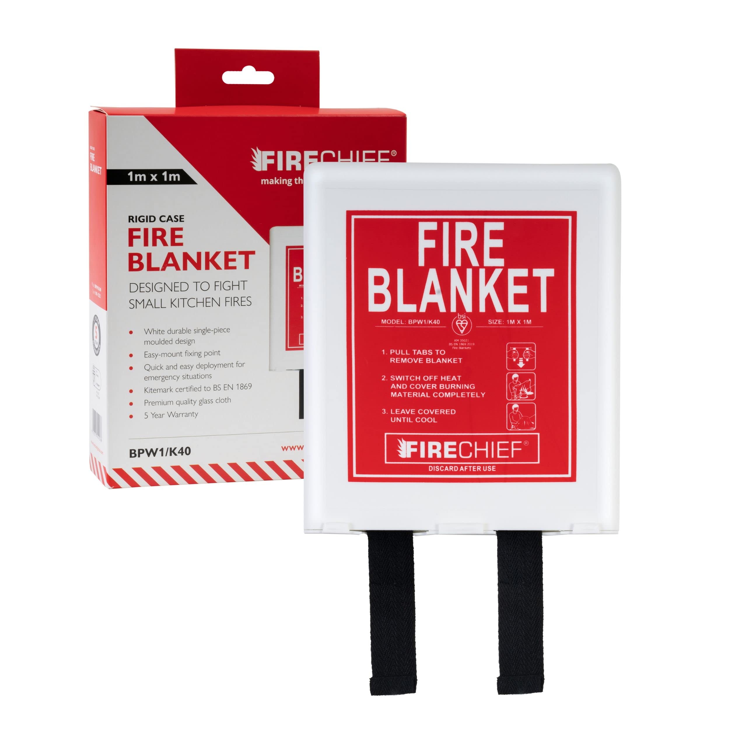 Firechief Kitemarked Fire Blanket 1m x 1m, Rigid Case, White – Small Emergency Fire Blanket for Home, Kitchen, Garage - Kitemark Certified to BS EN 1869 - BPW1/K40 Model
