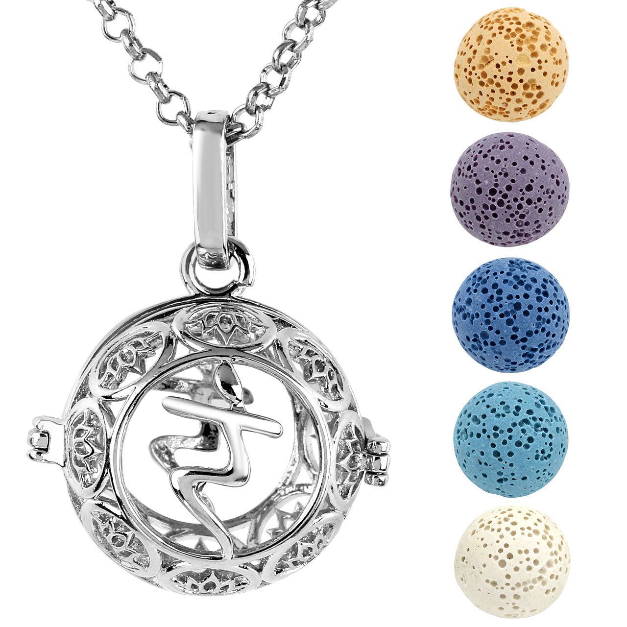 JOVIVI Aromatherapie Kette Ätherische Öle Parfum Diffusor Medaillon Halskette Chakra Sanskrit Ram Locket Käfig Anhänger mit 5X Lavasteine