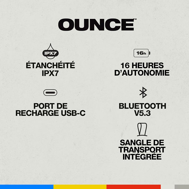 Ounce Wireless Enceinte Bluetooth Portable, Étanchéité IPX7, 16 Heures d’Autonomie, Stéréo True Wireless, Sangle Intégrée pour Les Déplacements et Une Utilisation en Extérieur - Noir