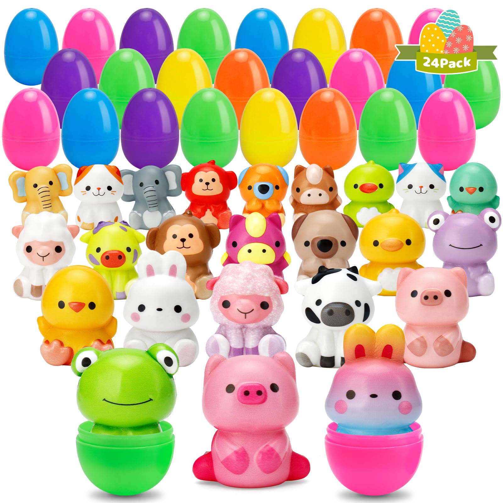 24 Pack Prefilled Easter Eggs with Animals Squishy Animal Toys for Easter Egg Hunt, Easter Basket Stuffers Fillers, Easter Party Favors, Easter Classroom Prize Supplies