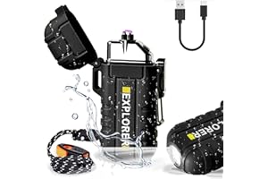 Bistfy Electric Lighter 360 Waterproof Windproof Lighter, Dual Arc Type C USB Rechargeable Flameless Plasma Lighter with Flashlight Survival Whistle and Lanyard for Camping Hiking Tactical Gear