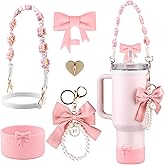 Stanley Cup Accessories Set,Bow Straw Cover, Water Bottle Handle Strap, Siliocne Cup Boot, Pearl Charms, Straw Topper for 40oz & 30oz Stanley Tumbler for Women (Pink) | for Stanley Cup, Siliocne Cup Boot, Bow Straw Cover, Pearl Charms, Straw Topper