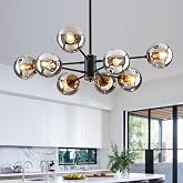 8-Light Mid Century Modern Bubble Sputnik Chandelier with Globe Glass | Black and Gold Chandeliers for Dining Room, Kitchen , Bedroom, Living Room, Foyer, Office Adjustable Heigh,Pendant Lights