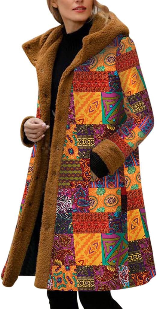 Smileyth Women Hooded Long Coat Fashion Vintage Print Fleece Patchwork Long Sleeve Winter Warm Comfortable Button-Down Plus Size Casual Loose Outwear Overcoat