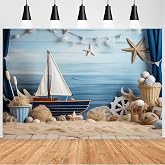 Nautical Rudder Theme Baby Birthday Background - Sailboat, Ocean, Beach, Pirate Party - Sailing Backdrop - 5x3 Feet