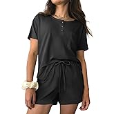 Ekouaer Womens Pajama Sets 2 Piece Ribbed Knit Pjs Short Sleeve Soft Sleepwear Summer Lounge Sets,Black,L