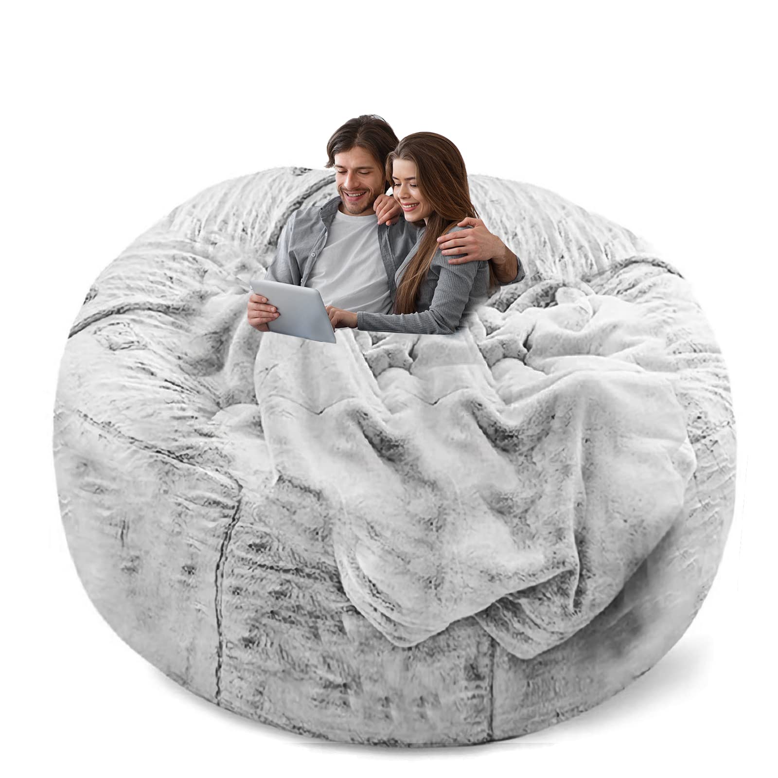 YudouTech Bean Bag Chair Cover Without Filler,Big Round Soft Fluffy PV Velvet Washable Bean Bag Lazy Sofa Bed Cover for Adults,Living Room Bedroom Furniture Outside,5ft snow grey