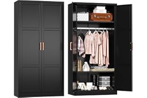 Superday Metal Wardrobe Closet, 72" H Bedroom Armoires with Wooden Handle, Storage Cabinet with Adjustable Shelves and Hanging Rods, Steel Storage Locker Closet for Home, Office, Employee, Gym (Black)