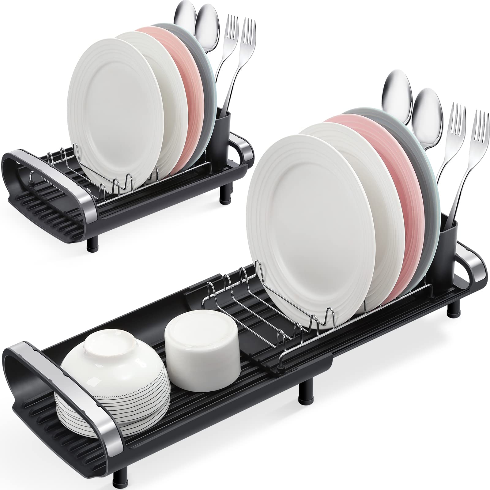 Small Dish Drainer, Expandable Dish Drainer Rack, Dish Rack With Removable Cutlery Holder, Anti Rust Small Sink Drainer, Expandable Draining Board Rack For Kitchen Counter, Black