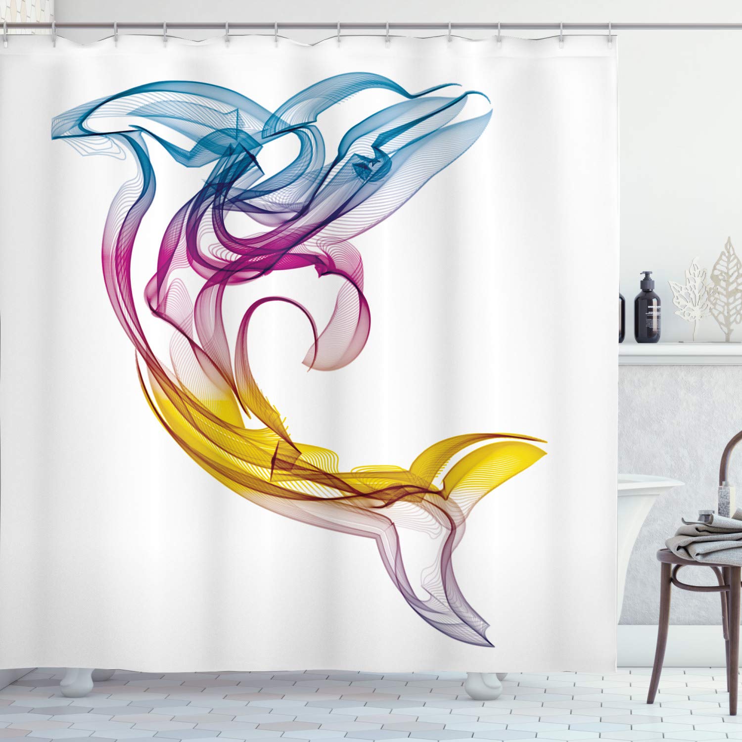 ABAKUHAUS Sea Animals Shower Curtain, Dolphin with Ornamentals Abstract Art Aquatic Animal Illustration Image, Cloth Fabric Bathroom Decor Set with Hooks, 94" Inches, Multicolor White
