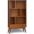 SIMPLIHOME Draper Bookcase - 64 inch Tall Solid Hardwood Wide Storage Bookshelf in Teak Brown, Mid-Century Modern Storage for Living Room, Study Room or Office with Adjustable Shelves and Tapered Legs