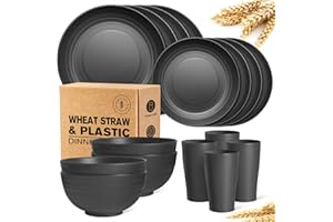 Teivio 16-Piece Kitchen Plastic Wheat Straw Dinnerware Set, Service for 4, Dinner Plates, Dessert Plate, Cereal Bowls, Cups, Unbreakable Plastic Outdoor Camping Dishes, Black