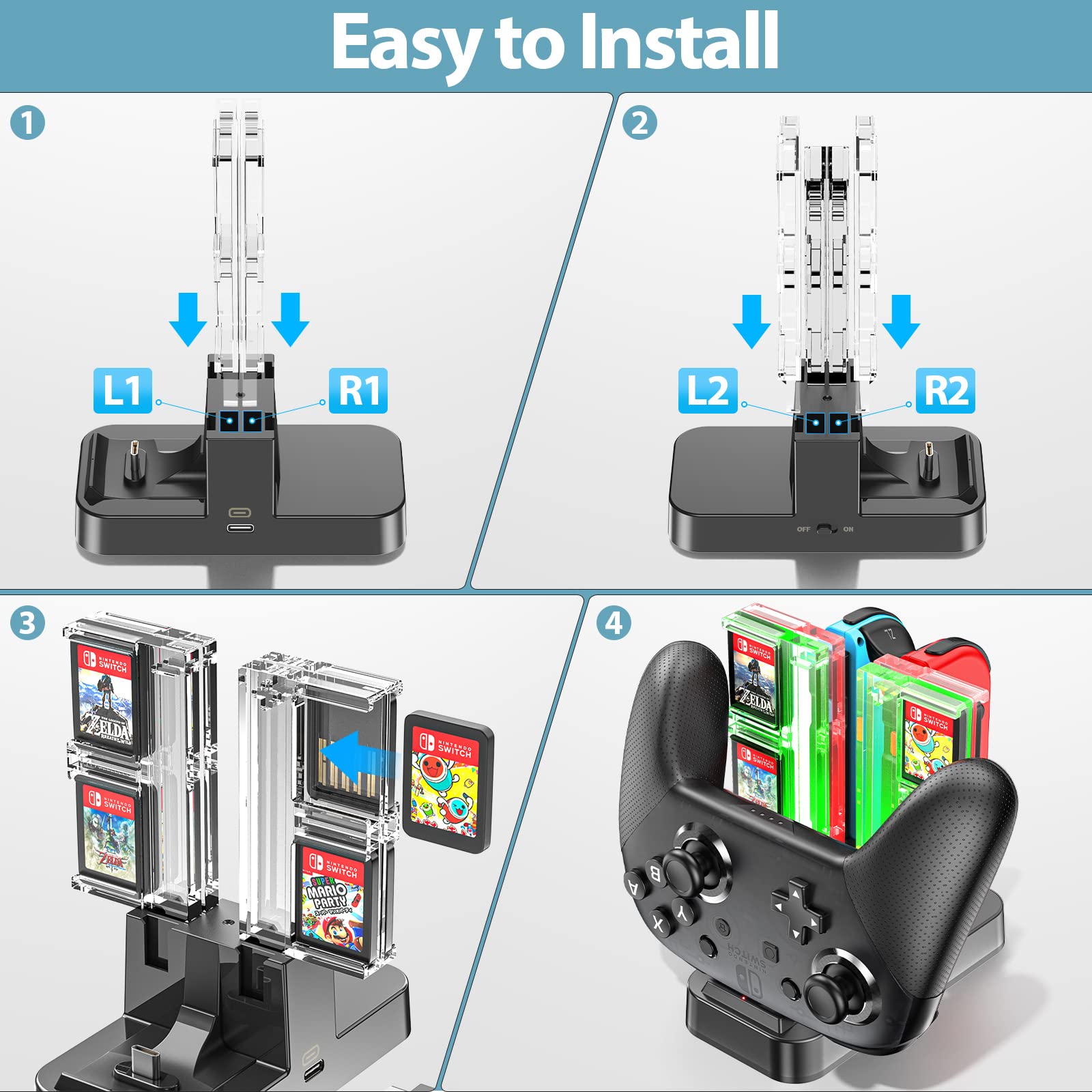 Joy-Con Charging Stand, 4 Simultaneous Charging, OIVO Joycon Charger, Includes Charging Instruction LED, 8 Game Disc Storage, USB-C Charging Cable Included