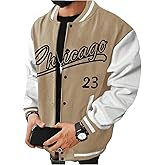 BEAUDRM Men's Letter Print Varsity Jacket Slogan Graphic Button Down Coat Bomber Baseball Coat With Pockets