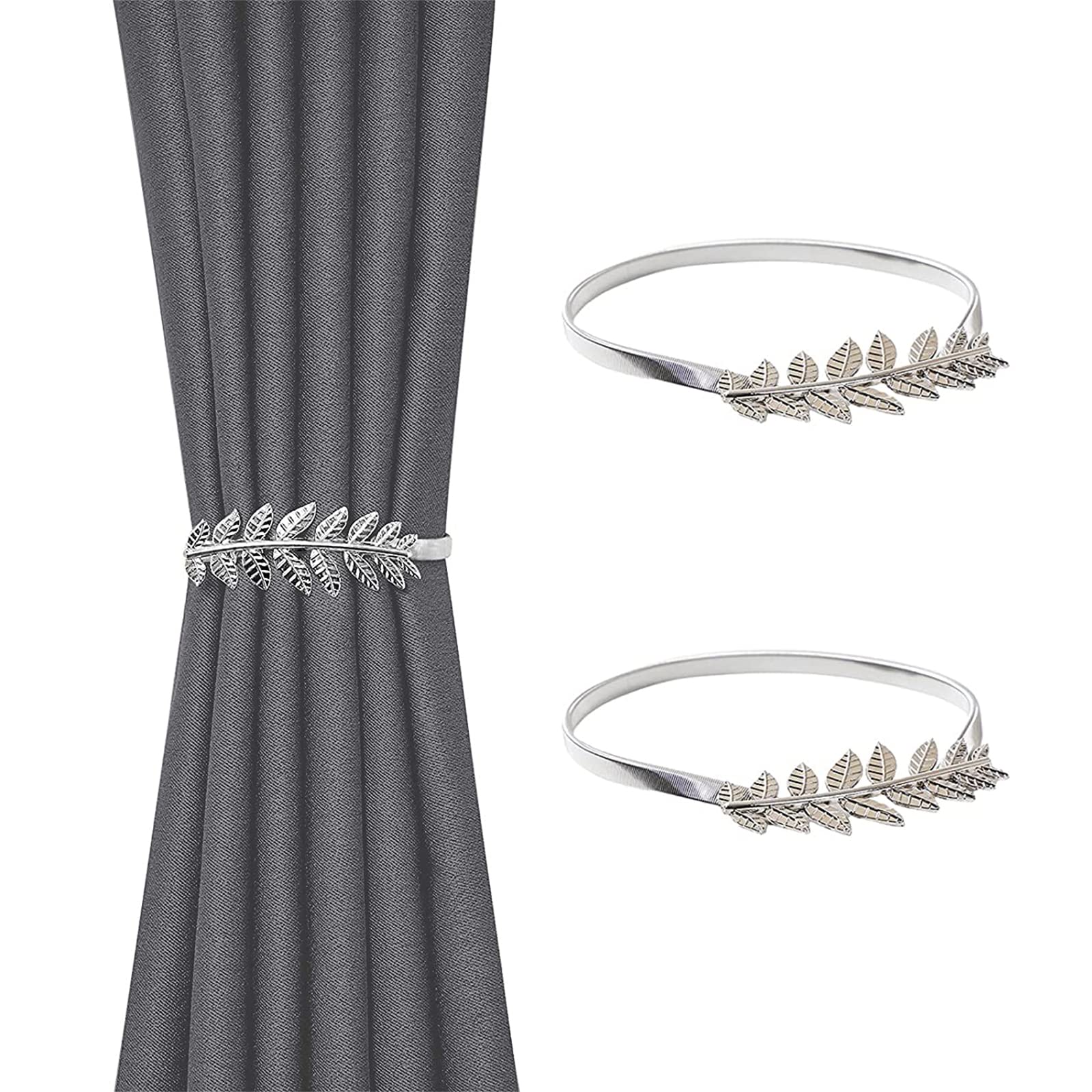 2 Pack Curtain Tie Backs, Silver Leaves Curtain Tiebacks Adjustable Curtain Holdbacks Modern Simple Style Drape Tie Backs, Metal Curtain Buckle Clips for Home Hotel Office Window Drapery Decoration