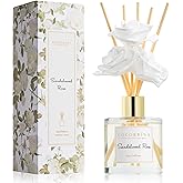 Cocorrína Reed Diffuser Set,6.7oz (200ml) Sandalwood Rose Scented Diffuser with 3 White Rose Foam Flowers & Cotton Sticks, Home Fragrance Reed Diffuser for Bathroom Shelf Decor