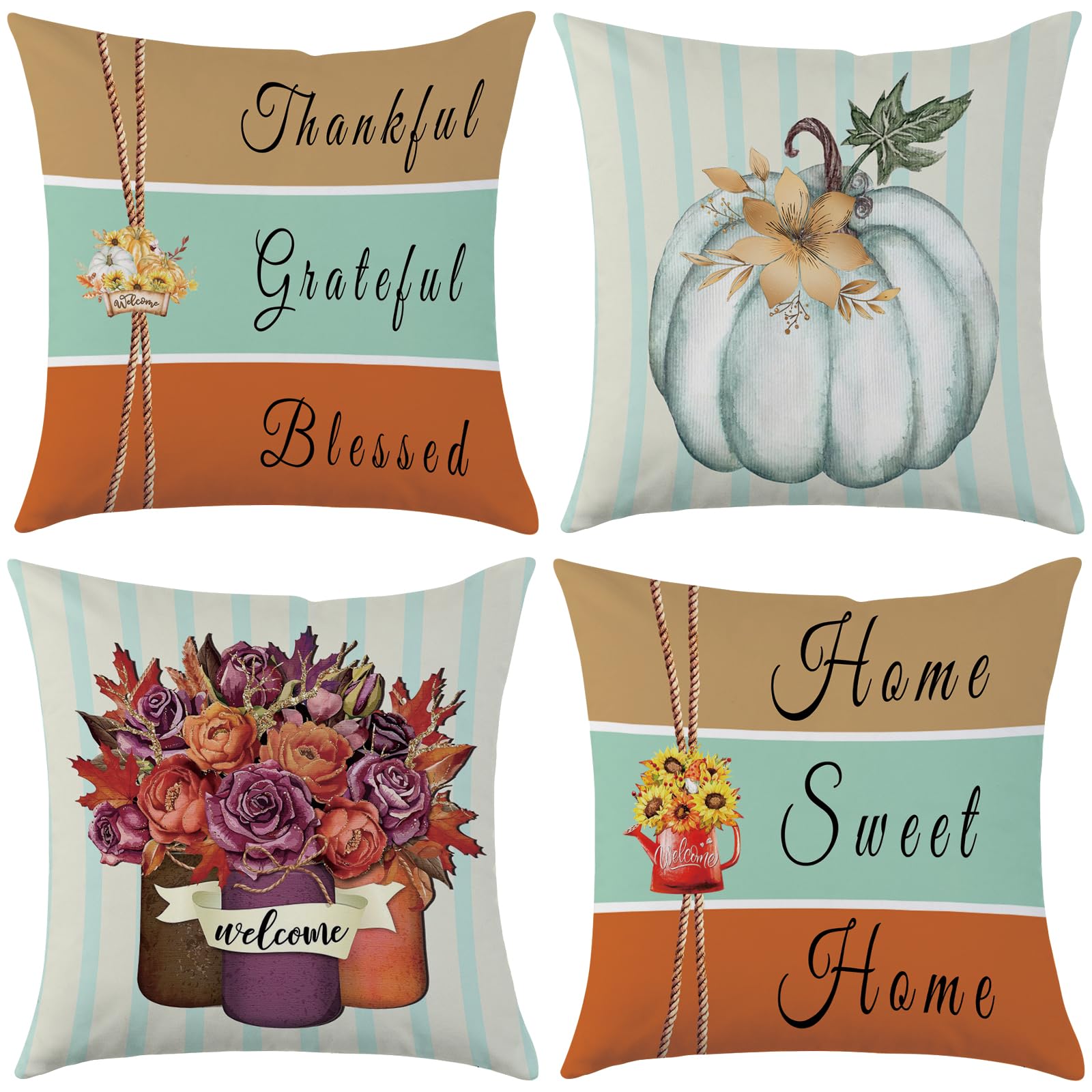 Photo 1 of Mimkus Fall Pillow Covers 18 x 18 Inch Set of 4 Thankful Grateful Blessed Harvest Floral Decorations Autumn Seasonal Cushion Cases for Home Décor
