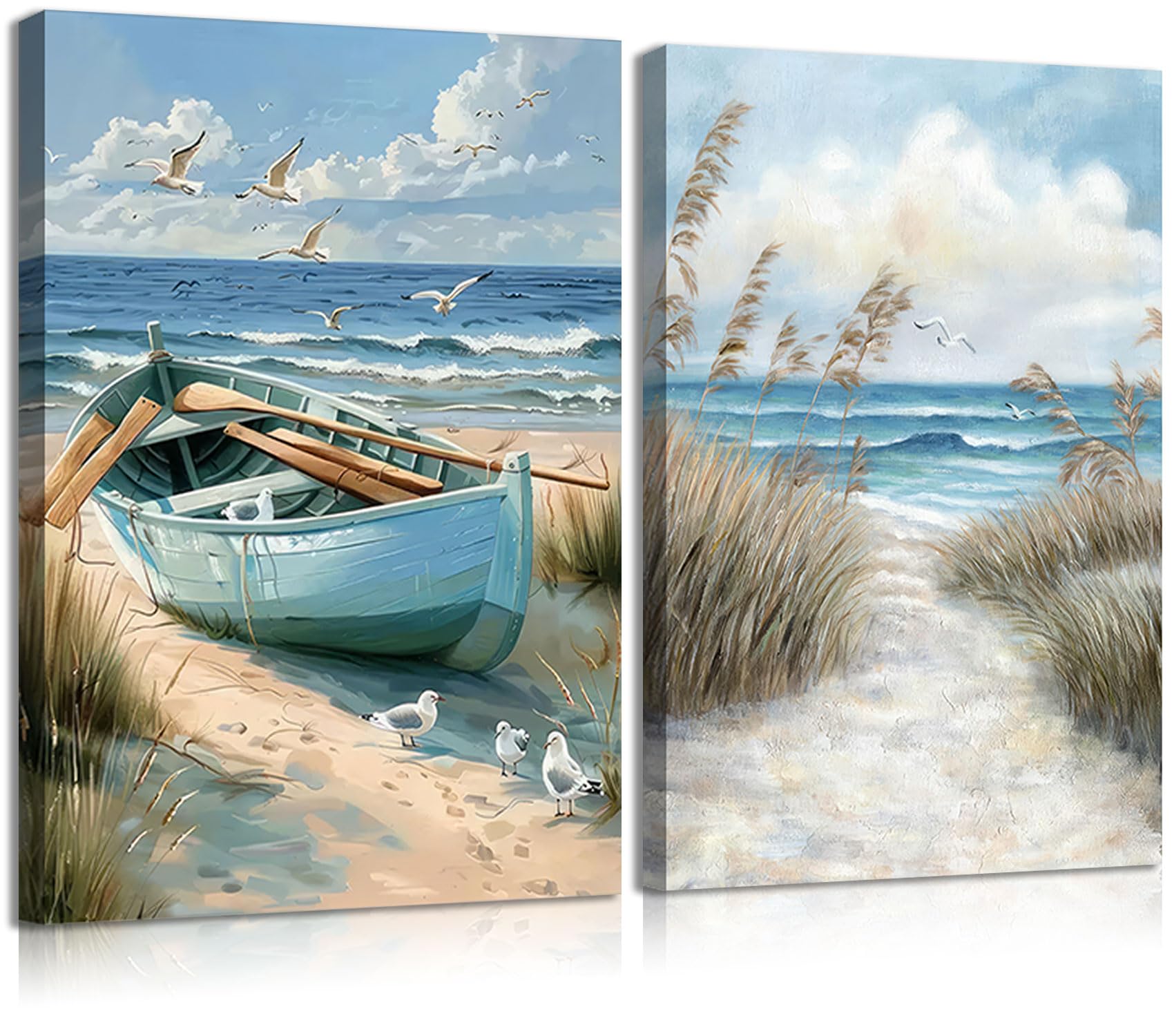 View 1 of 2Pcs Blue Coastal Canvas Wall Art Beach Boat Posters Prints Ocean Seaweand Seagul Pictures Bathroom Seascape Painting Seacoast Theme Wall Decor for Bedroom Living Room Sea View Room 12x16in Framed