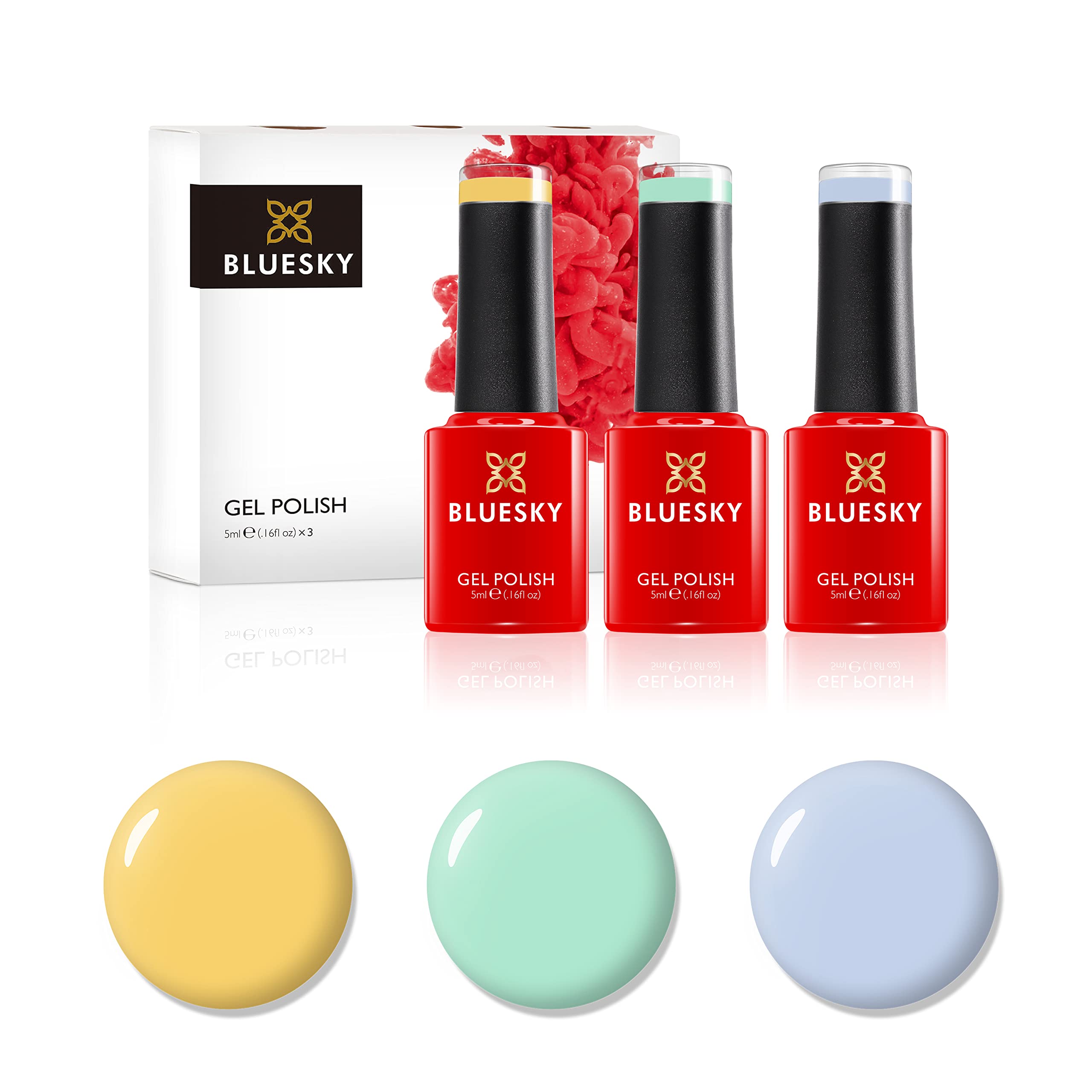 BLUESKY Gel Nail Polish Set, Rainbow Pastels. Pastel Yellow A115, Groovy Green Dc105, Faded Blue Qxg741. 3 X 5Ml. (Requires Curing Under Uv/Led Lamp)
