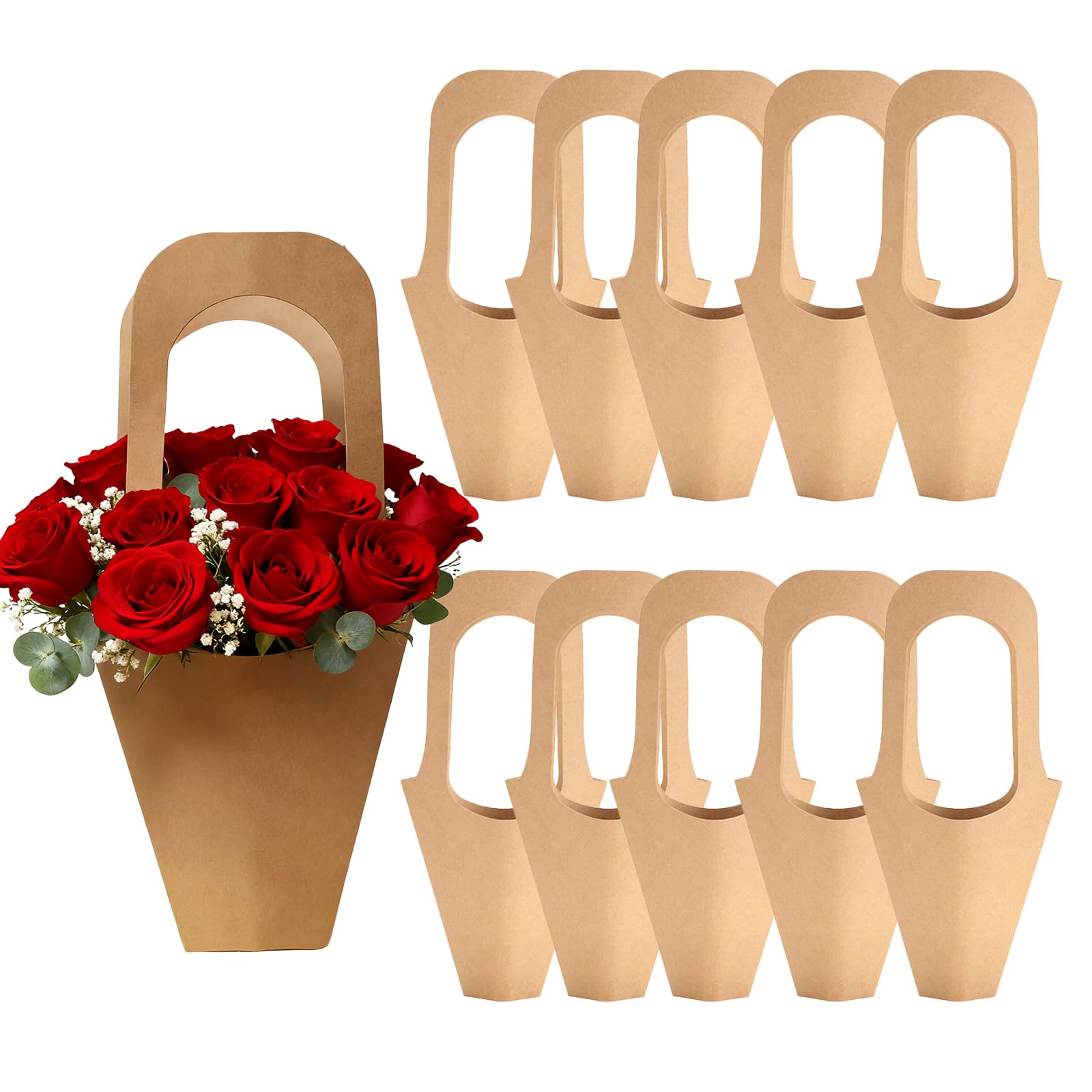 Photo 1 of 10 Packs Kraft Paper Flowers Gift Bags Handheld Flower Bag Bouquet Holder for Valentines Day Wedding Birthday Florist Shop Home Decoration