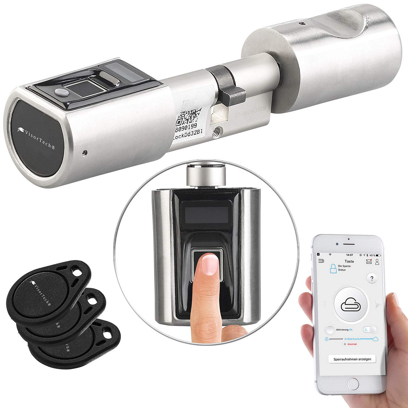 VisorTech Smart Lock: Elektronischer Tür-Schließzylinder, Fingerabdruck-Scanner, Transponder ...
