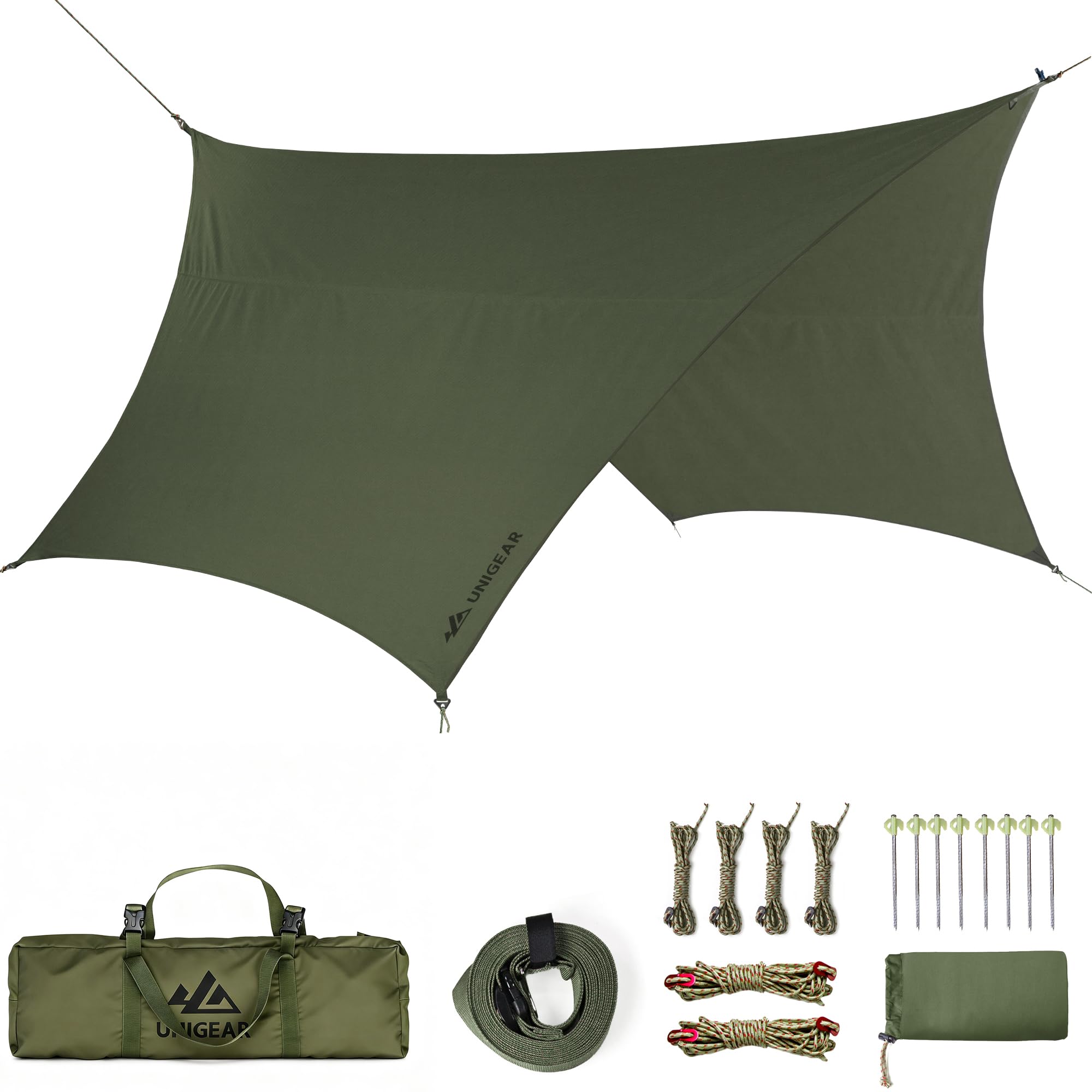 Unigear ヘキサタープ tcタープ ポリコットン 5m延長ベルト付き 3.2ｍｘ2.9ｍ テントとの取り組み可能 焚き火 タープ 遮光 遮熱 難燃 軽量 コンパクト キャンプ アウトドア (320*290cm, グリーン)商品画像