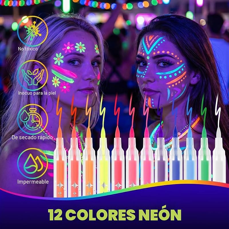 Pintacaras Infantil, 12 Colores UV Fluorescente Pintura Cara Niños Hipoalergenica, Pintura de Cara de Neón Brillante UV, Rotuladores Corporales para Piel Punta Individual para Halloween Carnaval — foto 2 de 8