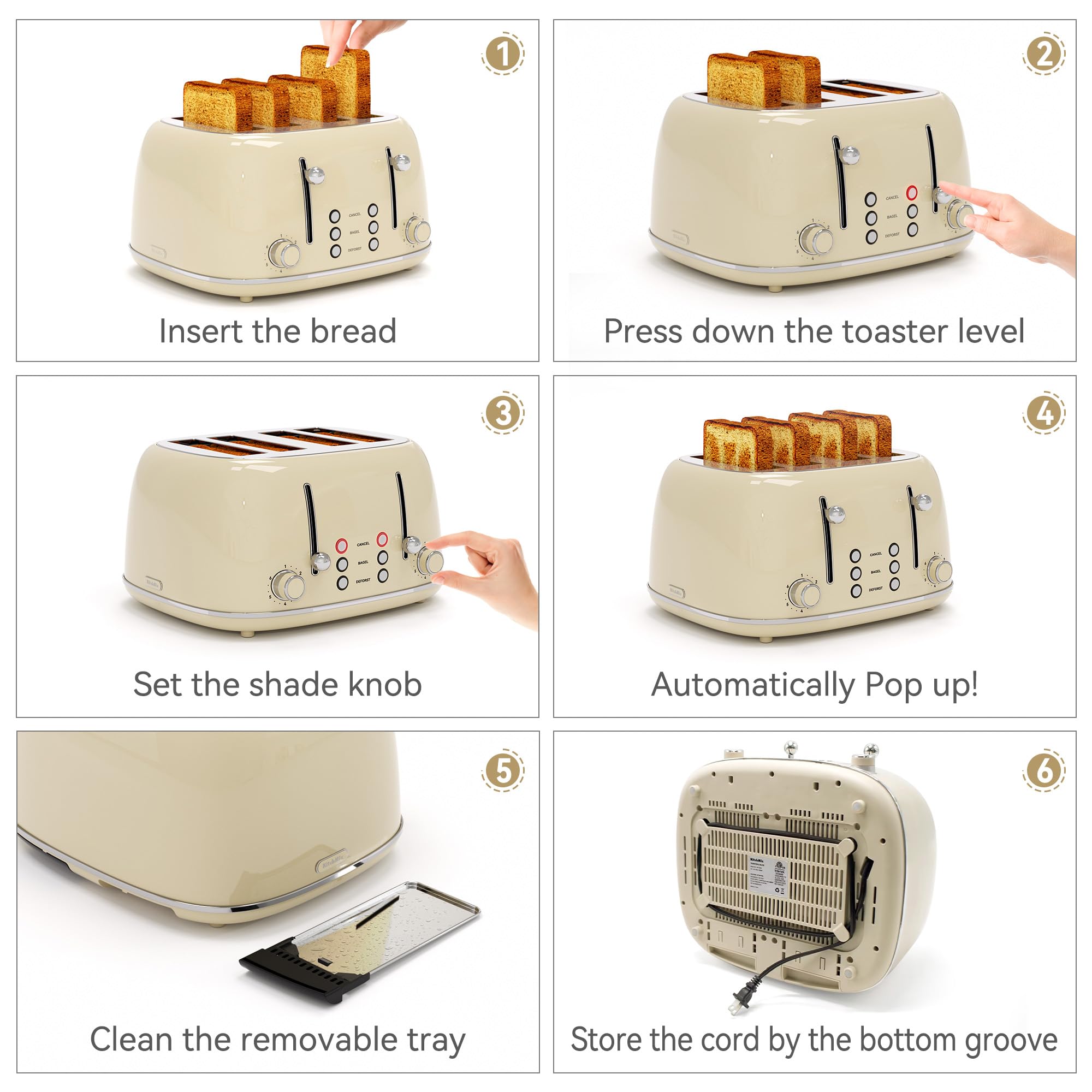 Tostadora de 4 rebanadas, acero inoxidable retro con 6 configuraciones de pantalla de pan, tostadora con ranuras de 1.5 pulgadas de ancho con funciones de cancelar/descongelar/recalentar, panel de control dual independiente, bandeja para migas de extracción (crema)