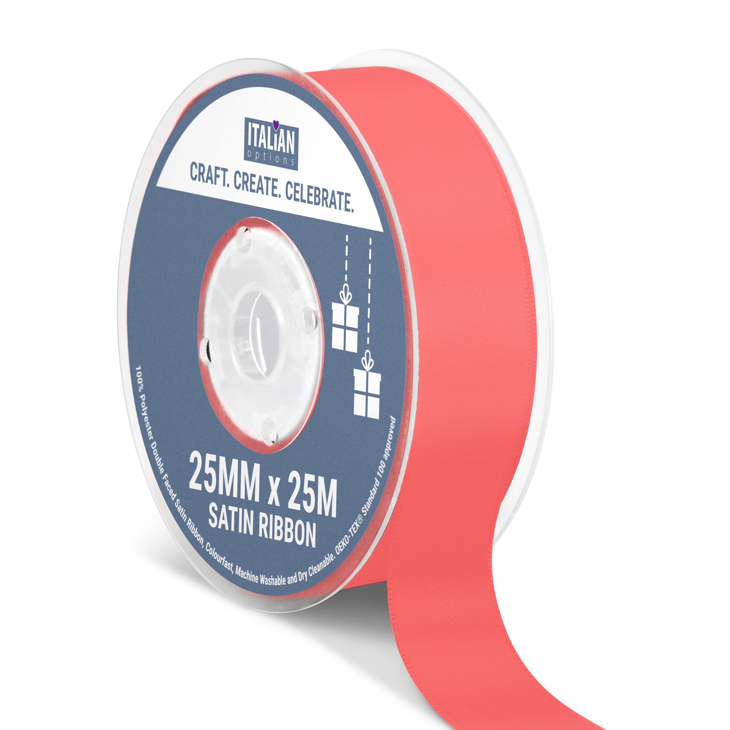 Italian Options Satin Ribbon, Fabric Ribbons for Gift Wrapping, Crafting, Balloons, Wedding Car, Presents, Cake, Christmas, Birthday, Gift Wrap Accessories, 25mm Wide x 25 Metre Roll, Coral