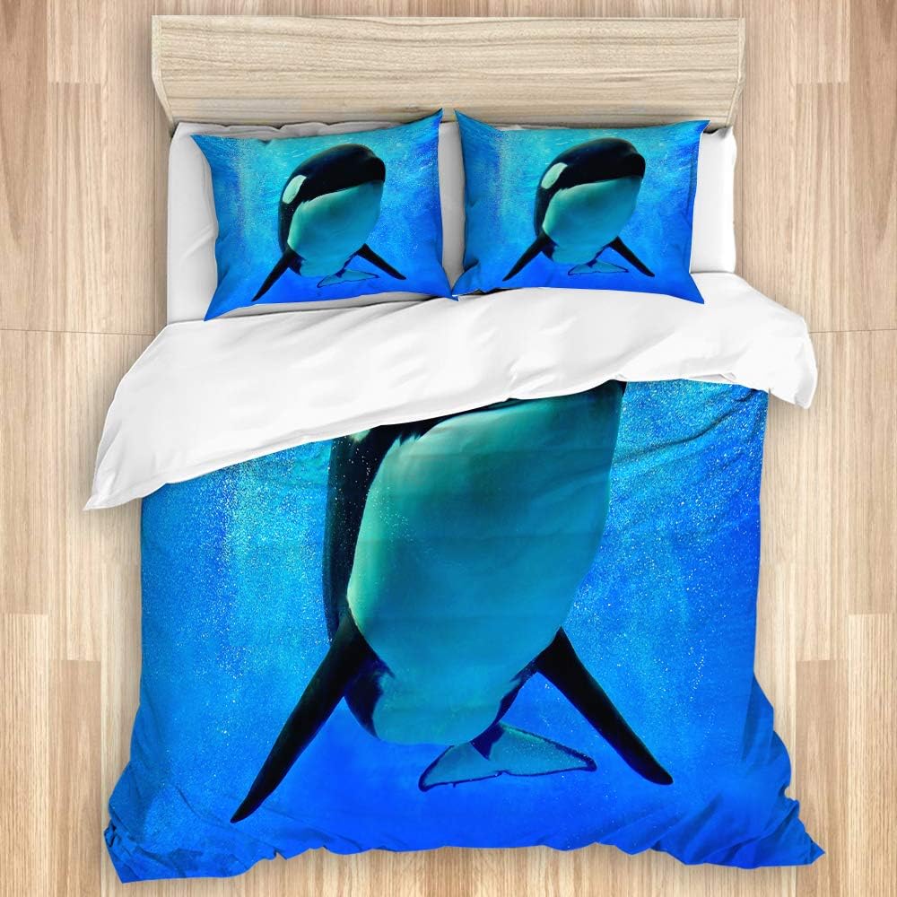 TISAGUER Duvet Cover Set,Foam World Sea Orlando San Diego and Blue Orca Shark Whale Swimming Underwater,Microfiber 3 Piece Full/Queen Bedding Set with 2 Pillowcases