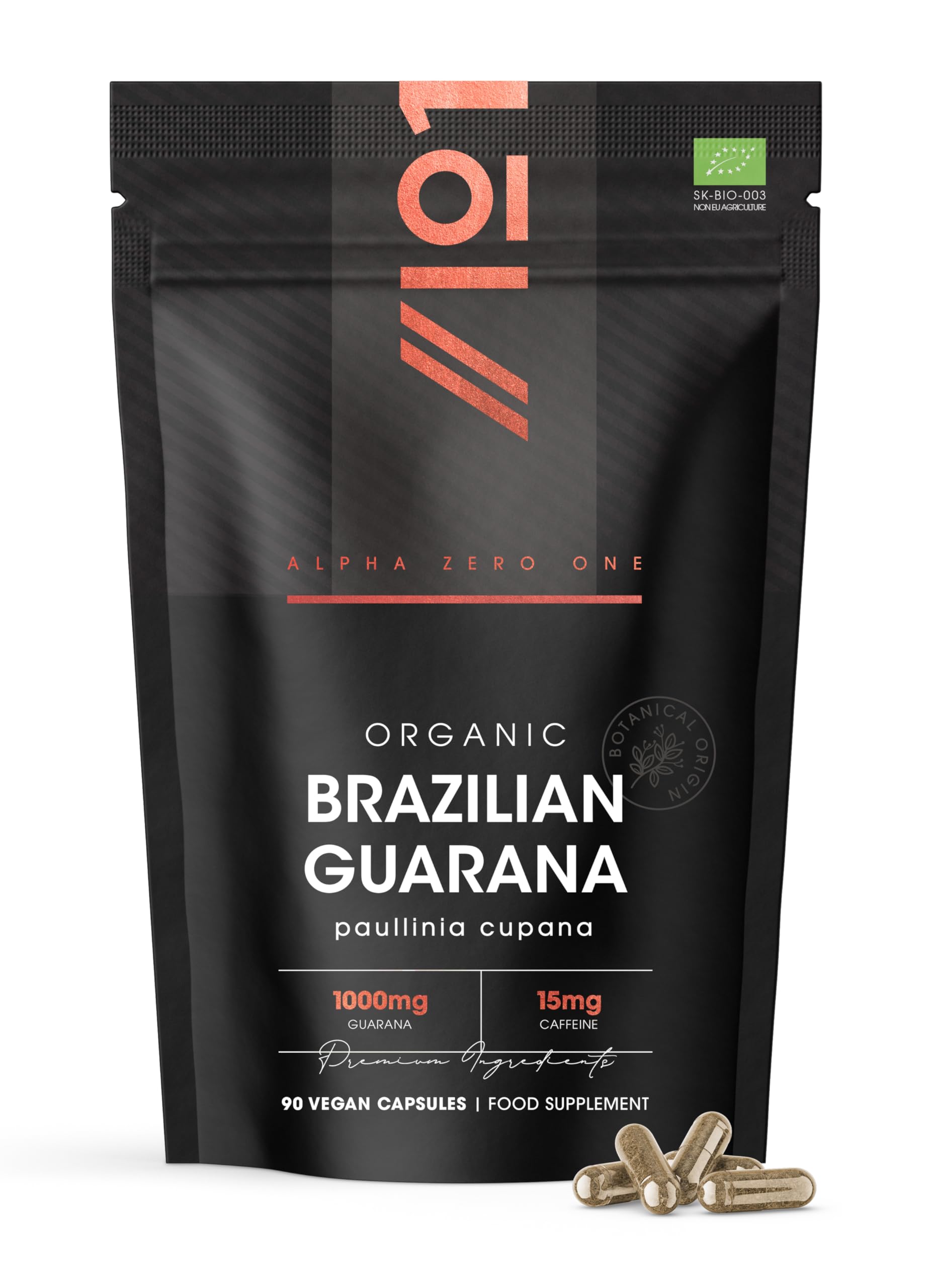 Organic Brazilian Guarana 1000mg - Energy Supplement Natural Source of Caffeine - 90 Vegan Capsules – Resealable and Recyclable Pouch by Alpha01