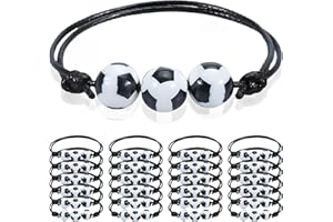 24Pcs Soccer Themed Bracelet Set, Black Braided Rope with Classic Black & White Soccer Beads, World Cup Style Party Favors fo