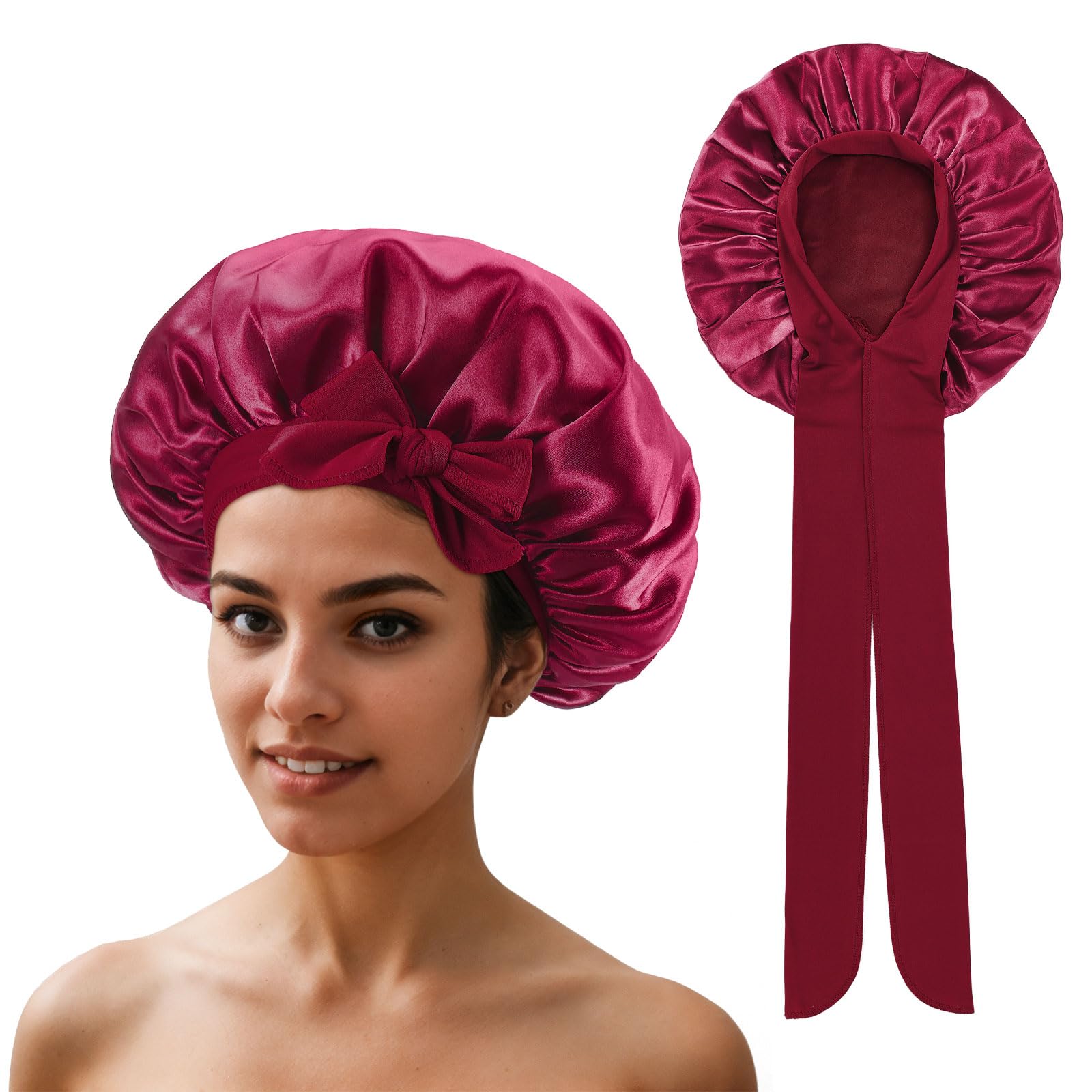 QIUTIMIY Satin Bonnet for Curly Hair,Bonnet Hair Wrap for Sleeping with tie, Hair Bonnet for Long Braid Hair,Wine red