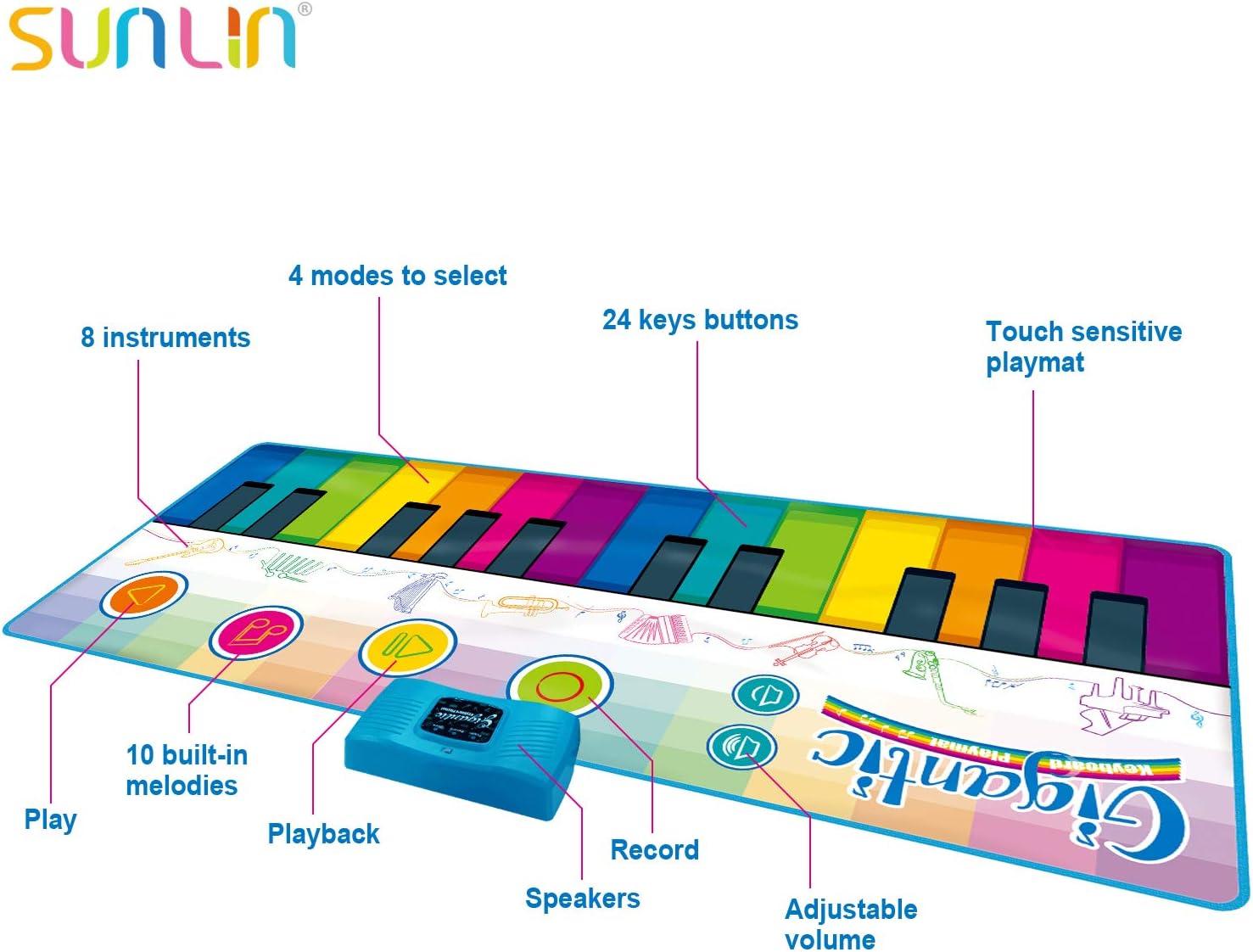 SUNLIN Giant Floor Piano Mat, 24 Keys Keyboard Play Mat, Jumbo Musical Instrument Toys Gift for Boys Girls Kids Toddlers (71"x29") - Dance Mat with Record, Playback, Demo, Education Toys for Age 3+: Toys & Games