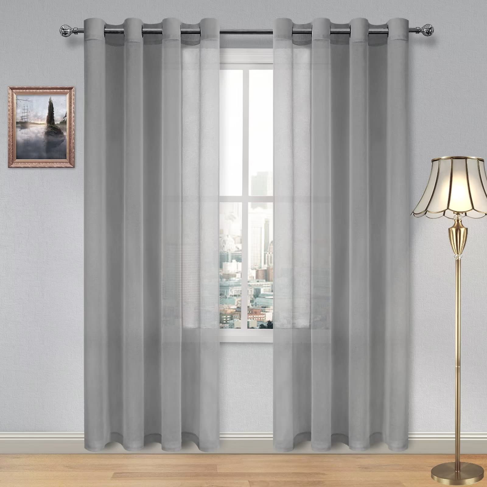 DWCN Grey Sheer Curtains Textured Semi Transparent Eyelet Top Decorative Voile Curtain for Living Bedroom, 52" Wide x 90" Drop, 2 Panels