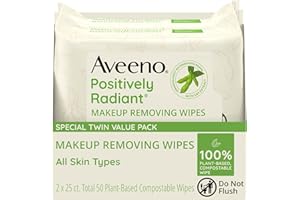 Aveeno Positively Radiant Alcohol Free Makeup Removing Face Wipes, Gentle Non-Comedogenic Facial Cleansing, 100% Plant Based Home Compostable, Sulfate Free, 50 Count (2 Packs of 25)
