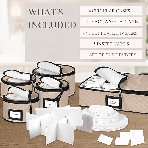 CHINA STORAGE CONTAINERS 5-PIECE SET MOVING BOXES FOR DINNERWARE, GLASSES, PLATES, MUGS AND SAUCERS STURDY QUILTED MICROFIBER DISH ORGANIZER WITH DIVIDERS FOR SEASONAL STORAGE – HOLDS SET OF 12, BROWN
