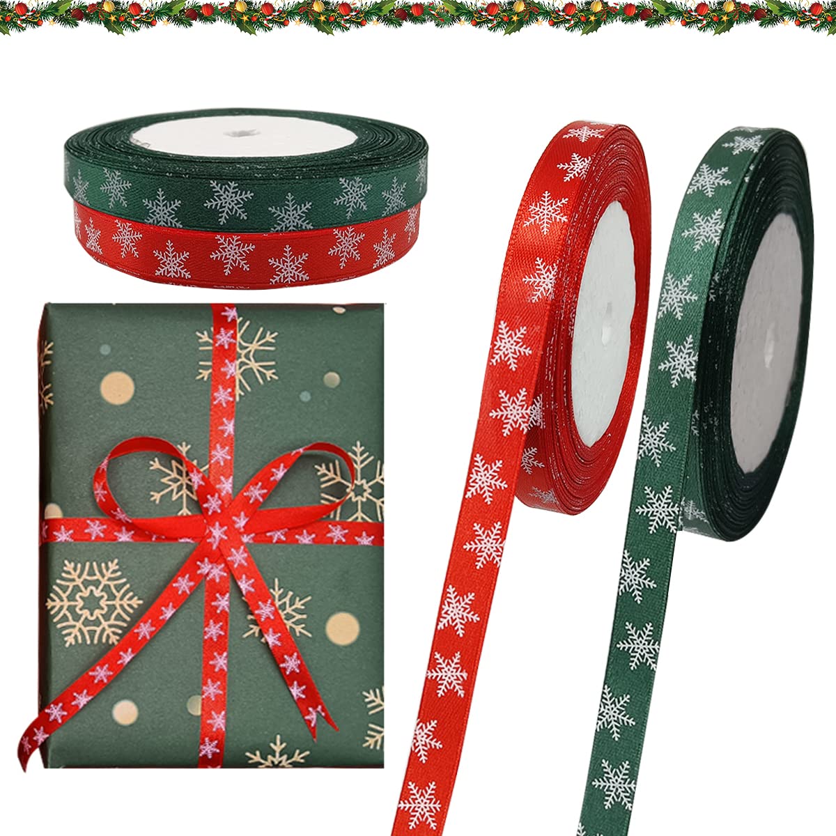 QIMMU 50 Yards Satin Ribbon Christmas Red and Green for Packaging, Decorative, DIY Crafts