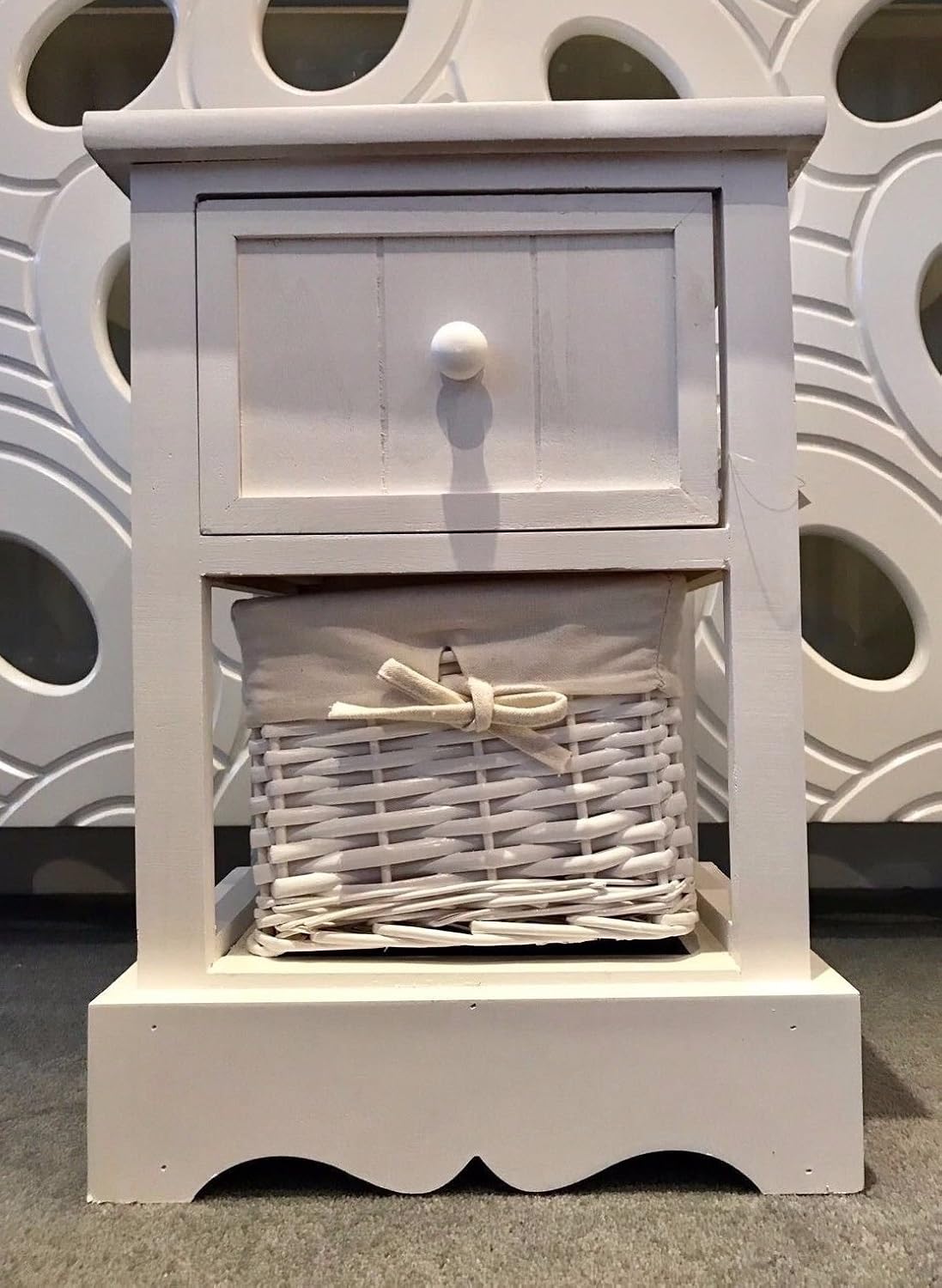 furniture with storage baskets on Home Delights 2 X White Wooden Bedside Tables With Wicker Storage Baskets Bedroom Furniture Cabinet