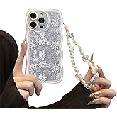 Compatible with iPhone 13 Pro Max Case,Floral Flowers Pattern Wavy TPU Soft Case[with Beads Wrist Strap Bracelet Chain and Glitter Cardstock] for Women and Cute Girly-White