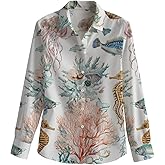 domirica Retro Western Button Up Shirts for Women Oversized Shirts for Women Fall Blouses Hawaiian Vacation Clothes Soft Top