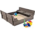 Best Choice Products Kids' Outdoor Wooden Sandbox Large, Cedar Wood with Foldable Bench Seats and Sand Protection, Bottom Liner Included - Gray