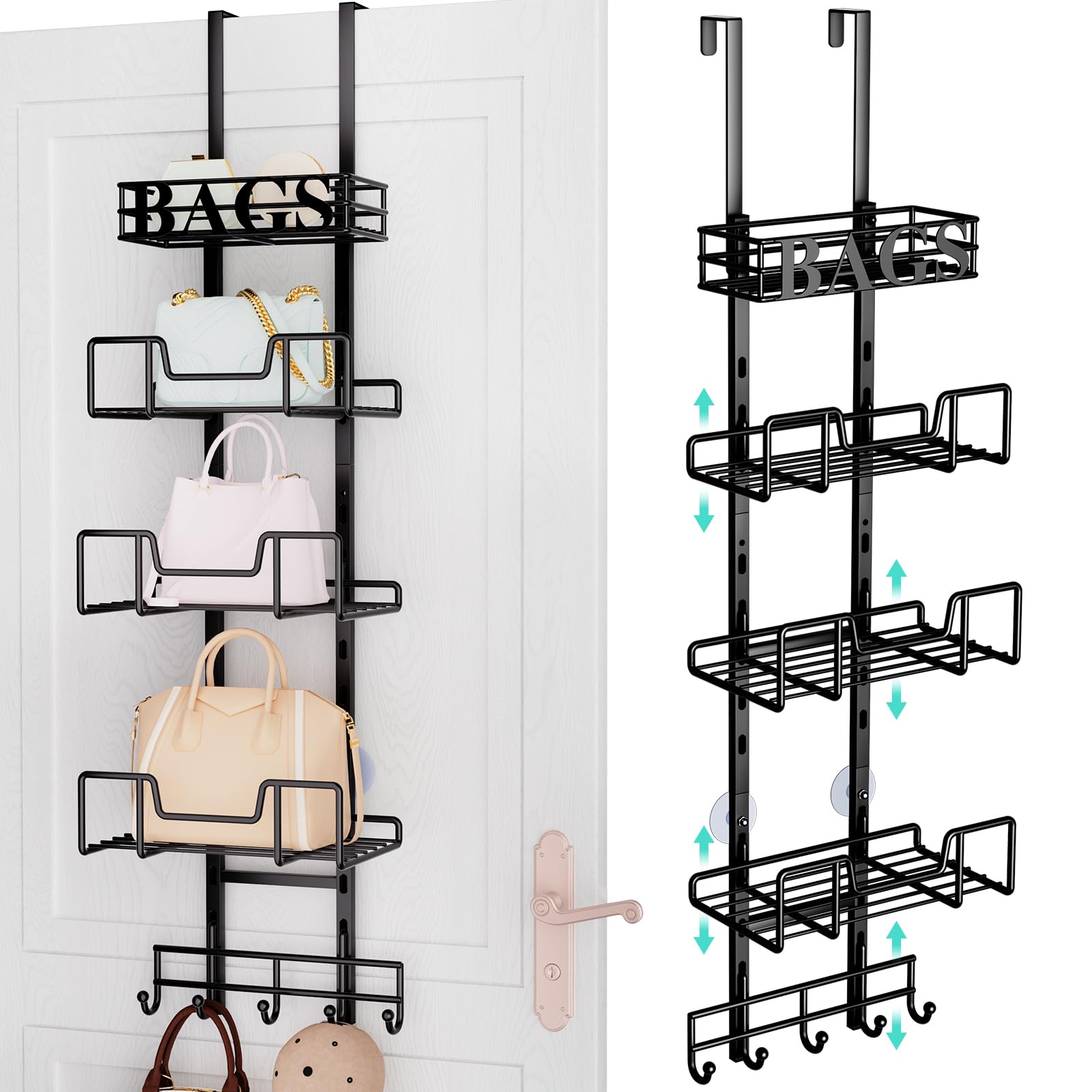 Photo 1 of HapiRm Over Door Purse Organizer - Adjustable Purse Storage Rack with Bags Design Metal Basket, Wall Mounted Handbag Organizer, Hanging Handbag Holder, Can Use As 1/2 Part Detachable