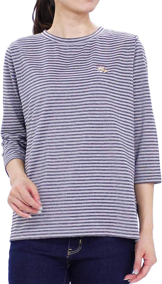 Amazon Gugu World グーグーワールド ラメボーダー7分袖tシャツ レディース フレンチブルの刺繍 スリット入り Tシャツ カットソー 通販