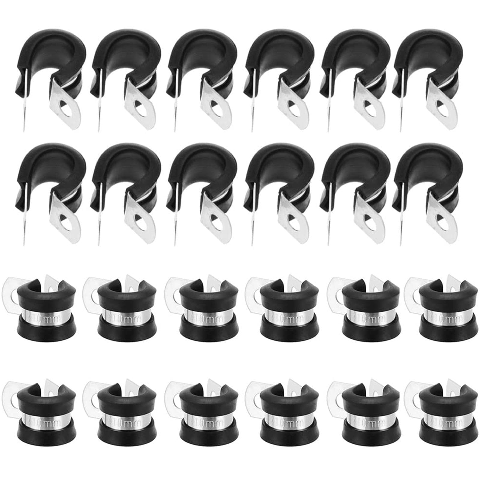 MZMing 24 Pieces Stainless Steel Pipe Clamps Hose Clamp 10mm Rubber Lined P Clips Pipe Clips Durable Cushioned Cable Clamp for Electrical Automotive Tube Pipe Wire Cord Hose Cable